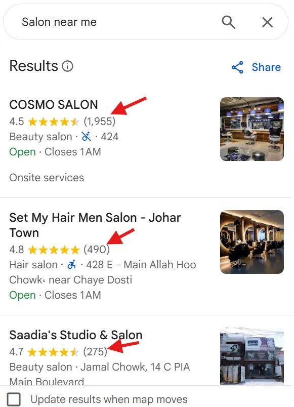 Local search results showing review impact